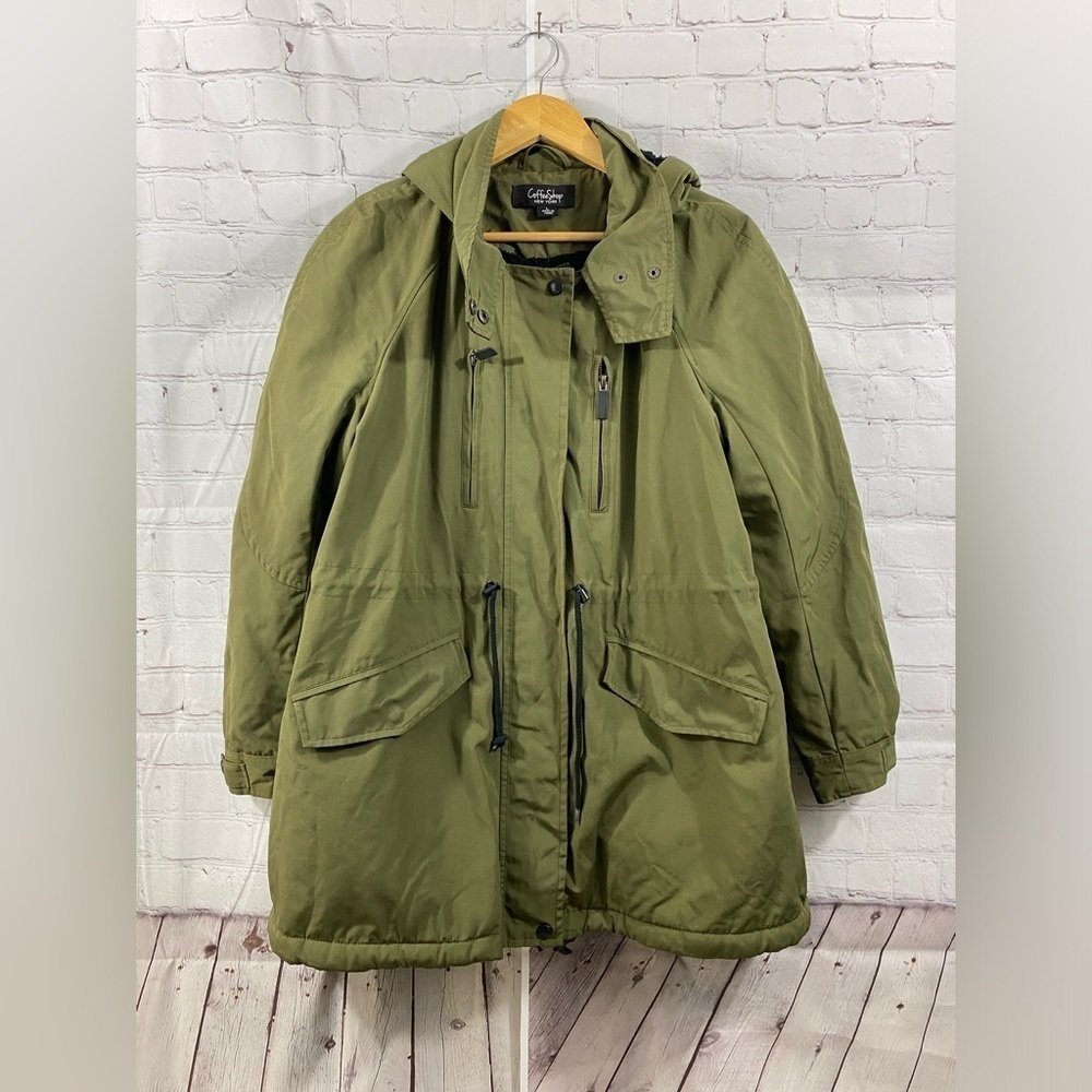 Coffee Shop New York Womens Size Large Olive Green Sherpa Lined Hooded Jacket